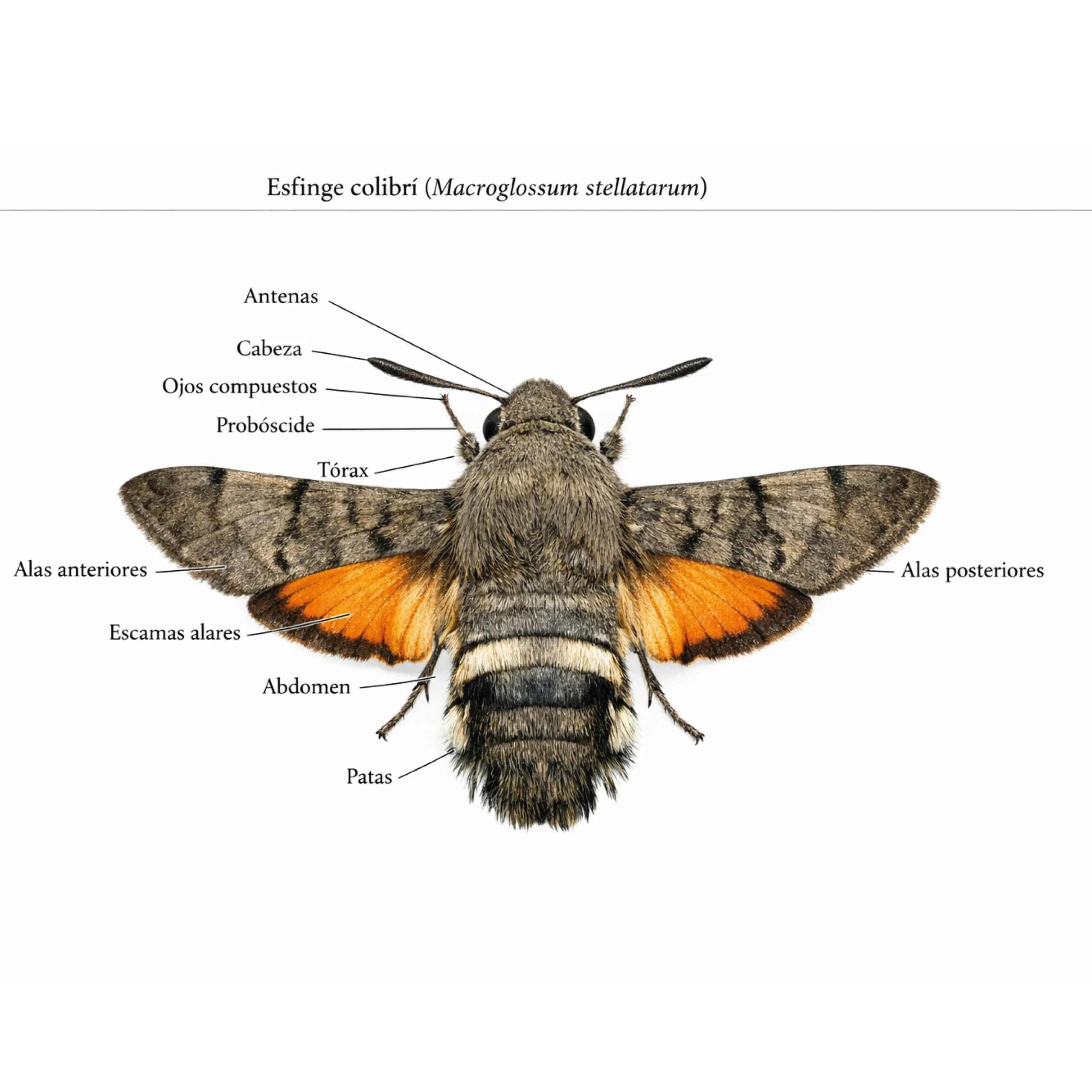 Anatomía de esfinge colibrí. Cabeza, tórax, abdomen, alas y escamas alares.