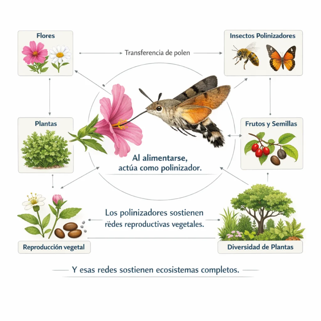 Rol de polinizadores. Macroglossum stellatarum transfiriendo polen para la reproducción vegetal y ecosistemas.