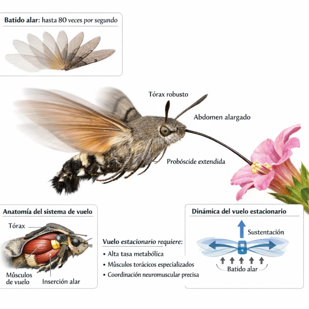 Anatomía y vuelo estacionario de Macroglossum stellatarum. Batido alar, sustentación y músculos torácicos.