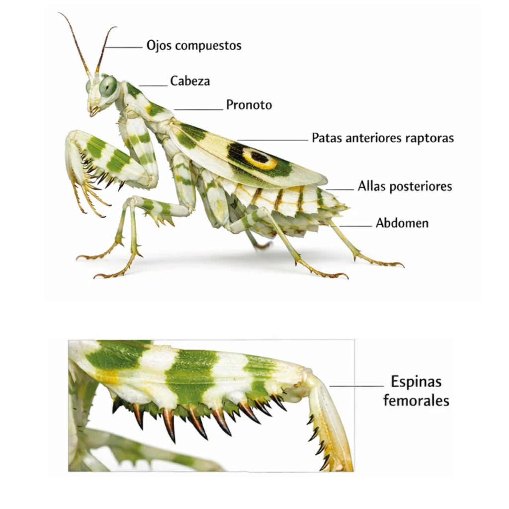 Anatomía de mantis Pseudocreobotra wahlbergii. Ojos compuestos, cabeza, pronoto, patas raptoras y espinas femorales.