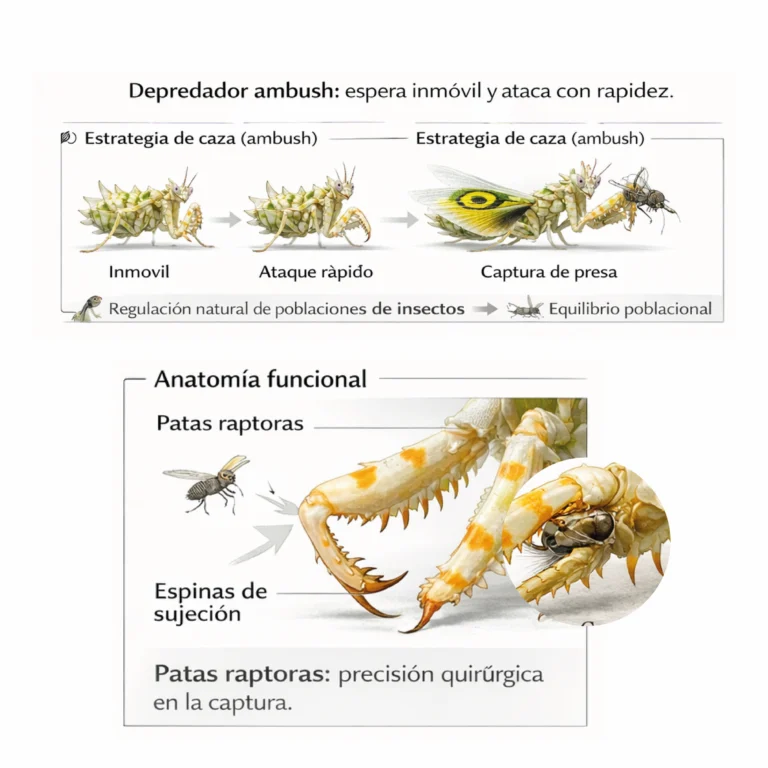 Estrategia de caza de mantis Pseudocreobotra wahlbergii. Depredador emboscada con patas raptoras y espinas para capturar presas.