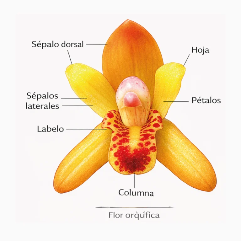 Flor de orquídea Maxillaria rufescens. Sépalos, pétalos, labelo y columna.