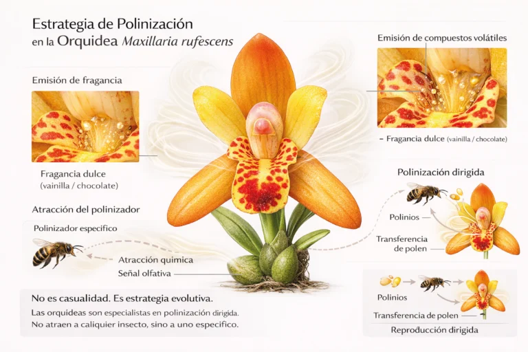 Estrategia de polinización de Maxillaria rufescens. Atracción química con fragancia a vainilla o chocolate para polinizador específico.