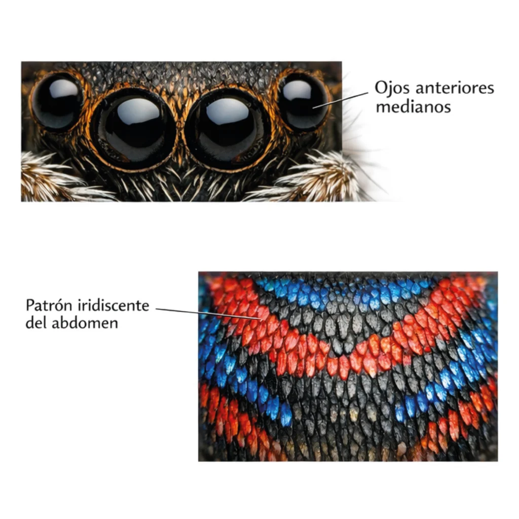 Detalle de araña pavo real Maratus volans. Ojos anteriores medianos y patrón iridiscente del abdomen.