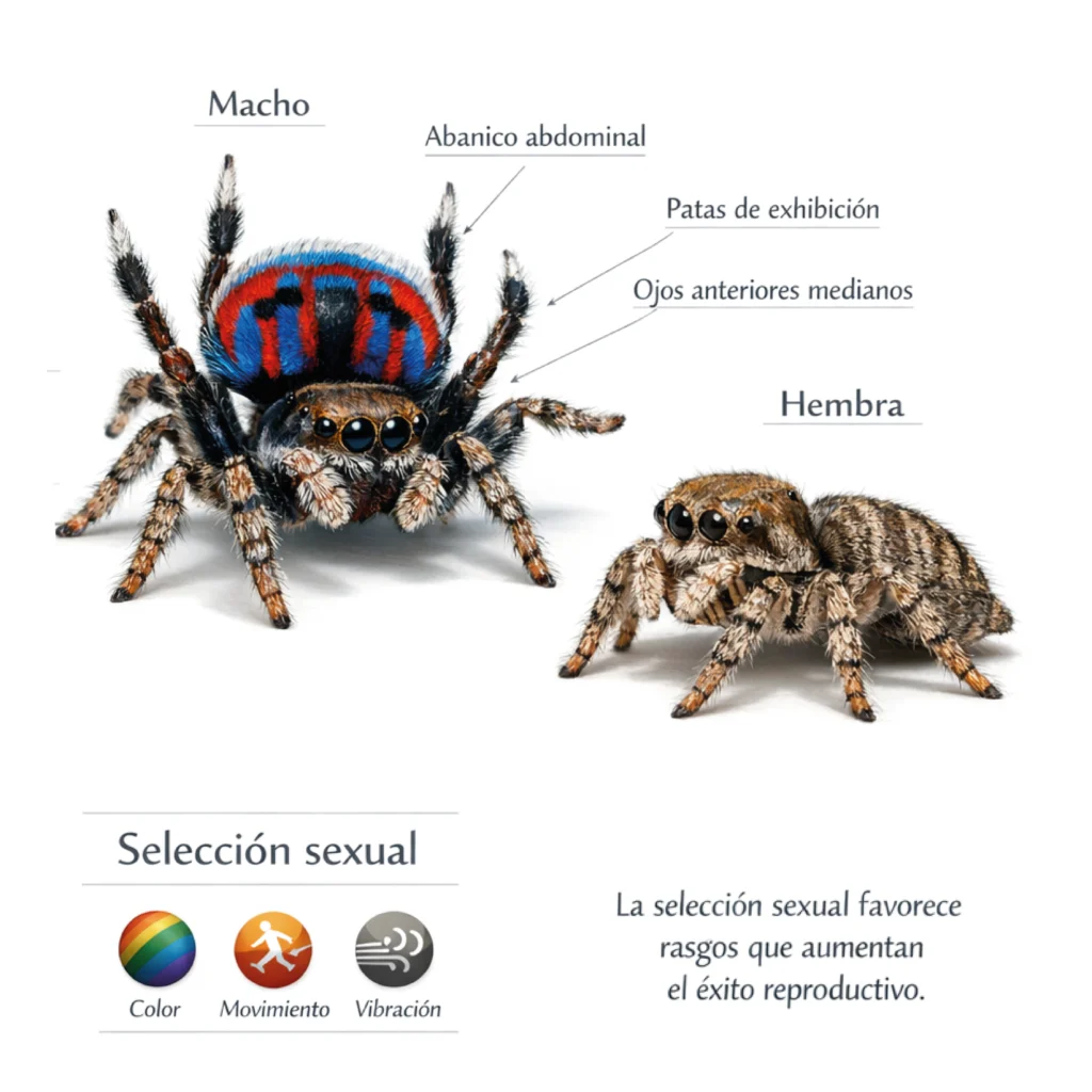 Cortejo de araña pavo real Maratus volans. Macho con abanico abdominal y hembra. Selección sexual por color, movimiento y vibración.