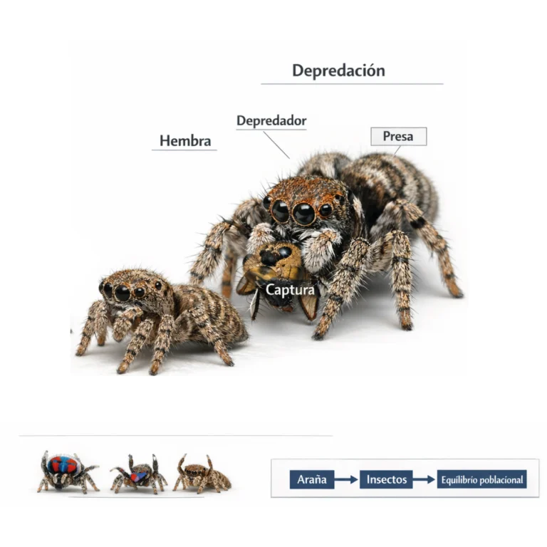 Cadena trófica con araña pavo real. Diagrama de depredación, captura de insectos y equilibrio poblacional en ecosistemas.
