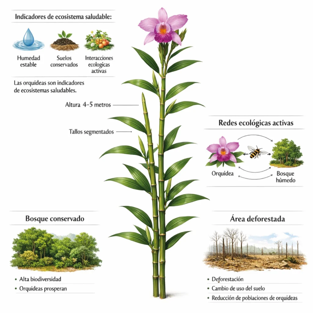 Infografía de orquídeas como indicadores de ecosistemas saludables. Comparación bosque conservado vs deforestado y su impacto en biodiversidad.